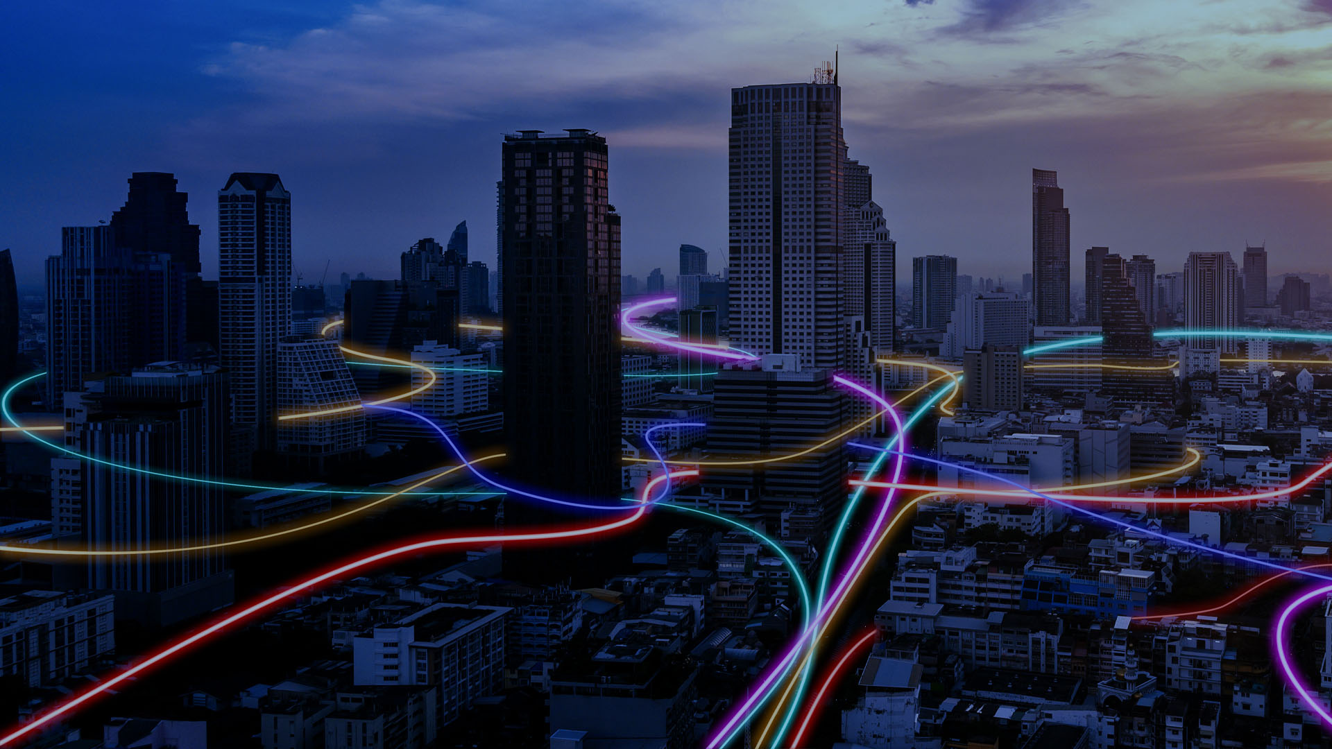 Digital overlay of augmented lines winding through the streets of London, representing the advanced technological infrastructure managed by ICE InsureTech's leading insurance software